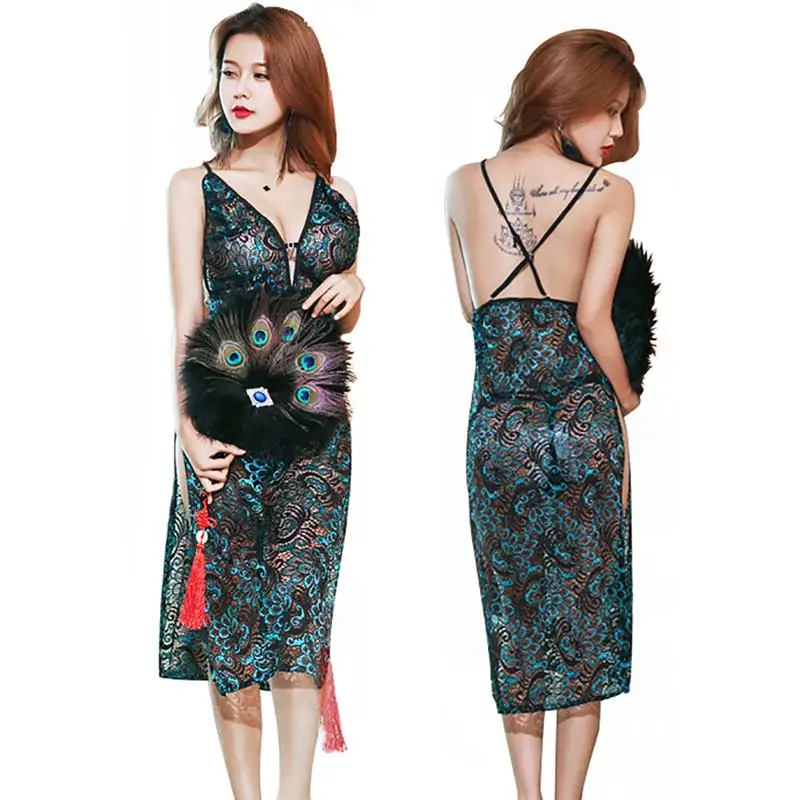 

Chinese Vintage Cheongsam Elegant Women Sexy Lingerie Peacock Lace Long Dress Nightclub Dress