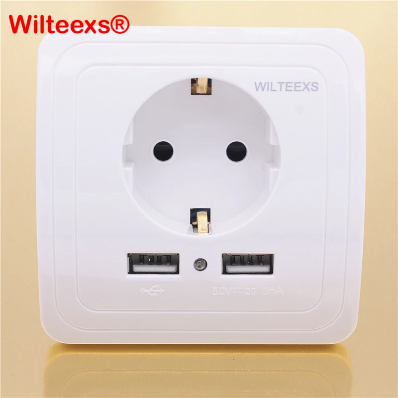 WILTEEXS, Хит, двойной USB порт, 5 В, 2 А, электрическое настенное зарядное устройство, адаптер, штепсельная вилка европейского стандарта, выключатель питания, док-станция, зарядная розетка, панель