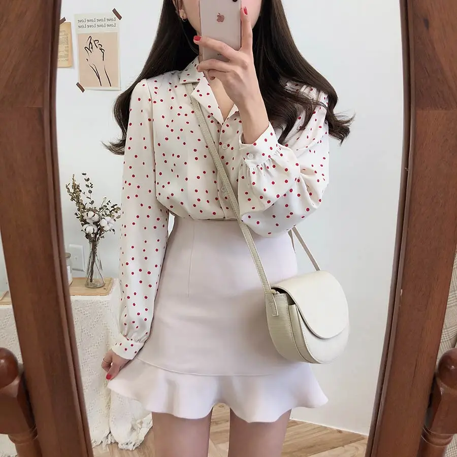 S-XL, весенние женские повседневные рубашки с принтом, свободные, с длинным рукавом, в стиле пэчворк, женские блузки в горошек, женский топ, vetement femme