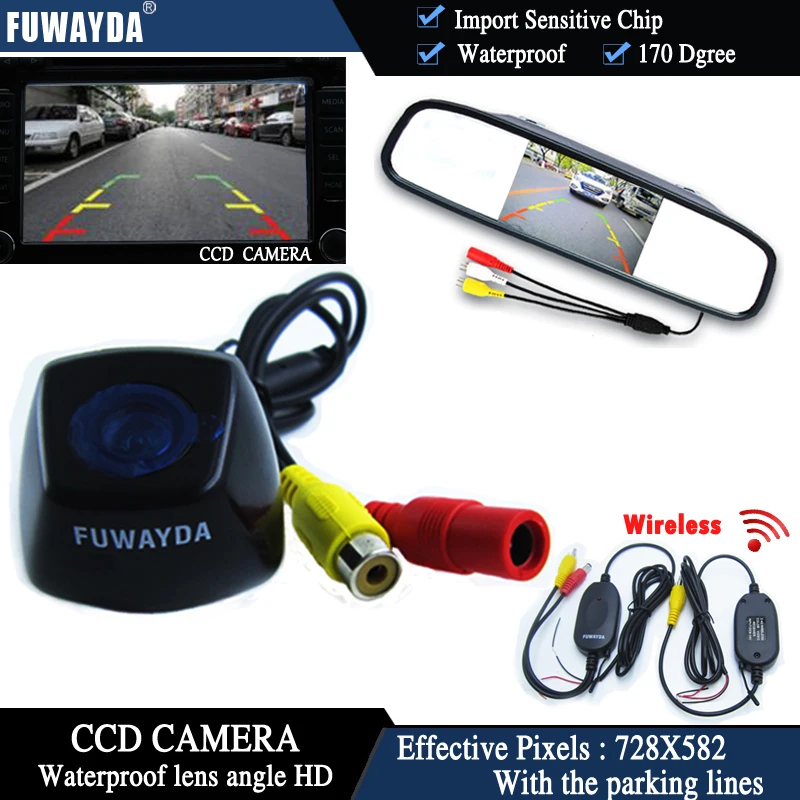 

FUWAYDA Wireless Color CCD Chip Car Rear View Camera for BMW X1 X3 X5 X6 + 4.3 Inch rearview Mirror Monitor WATERPROOF HD