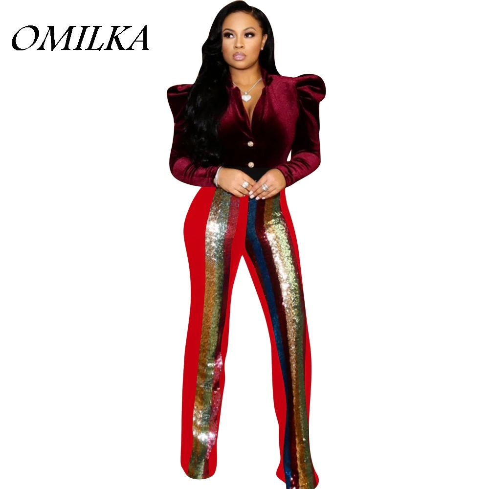 

OMILKA 2018 Autumn Women High Waist Striped Sequin Flare Pant Sexy Black Red Shiny Skinny Club Party Patchwork Full Pant