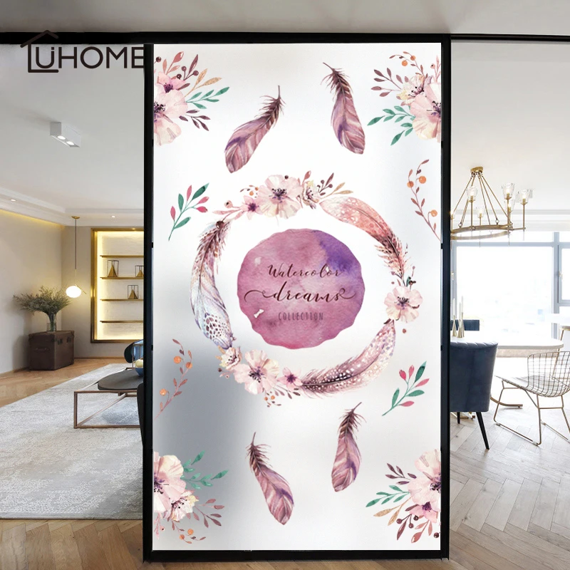 Цветная Электростатическая матовая стеклянная наклейка с цветами и перьями s