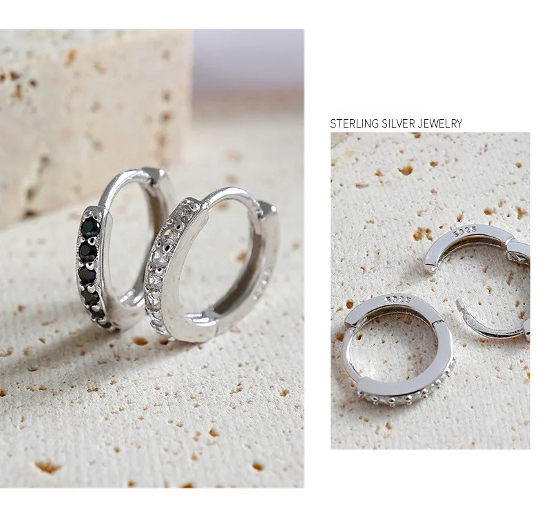 Серебро 925 пробы маленькие серьги-кольца для женщин букле d'oreille femme, белый черный Кристальные серьги ювелирные изделия orecchini