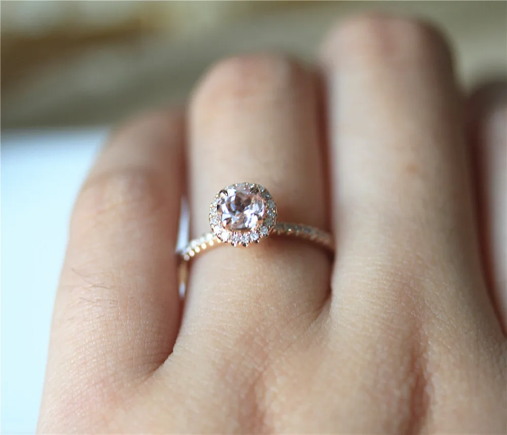 

DUPUY Natural 5mm Round Cut Morganite Rings Diamonds Halo Half Eternity Diamonds Stackable 14K Rose Gold Classic Engagement Ring