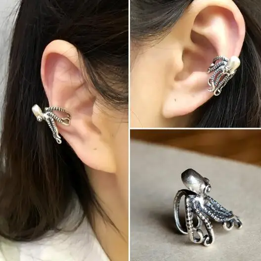 Серьги Клипсы из 100% серебра 925 пробы в стиле панк сережки клипсы виде осьминога