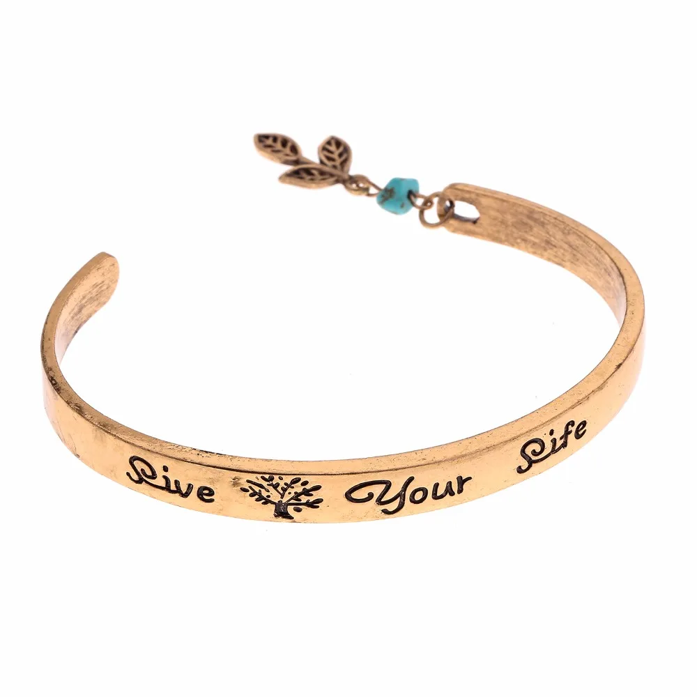 

lureme Vintage Open Cuff Bangle Bracelet with words "live your life" Leaf Charms