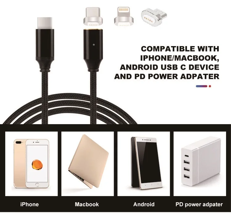 3 в 1 USB C Магнитный type-C-type-C/Lightning/MicroUSB кабель для быстрой зарядки для iPhone XS Max XR, Xiaomi Mix, huawei mate Pro