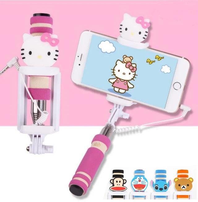 Монопод, выдвижная селфи-палка, селфи 3,5 мм, проводная селфи-палка Hello Kitty, Стич Миньоны с держателем для samsung Iphone 6 7