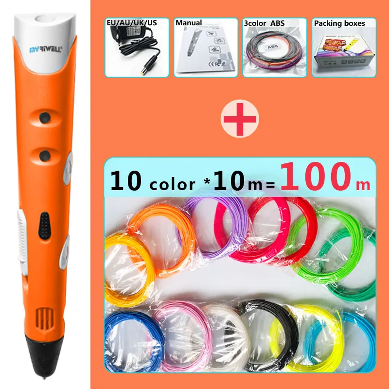 Myriwell 3d Ручка 3d ручки, 1,75 мм ABS/PLA нити, 3 d Ручка 3d модель, Creative3d печать Ручка, лучший подарок для детей DIY креативный - Цвет: Orange pen Package 2