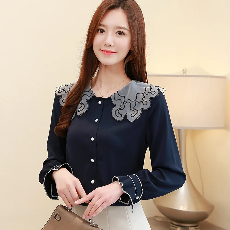 womens tops and blouses women shirts plus size Lace Doll Collar Long Sleeve chiffon blouse Shirt 2019 Spring school wind 2588 50 | Женская