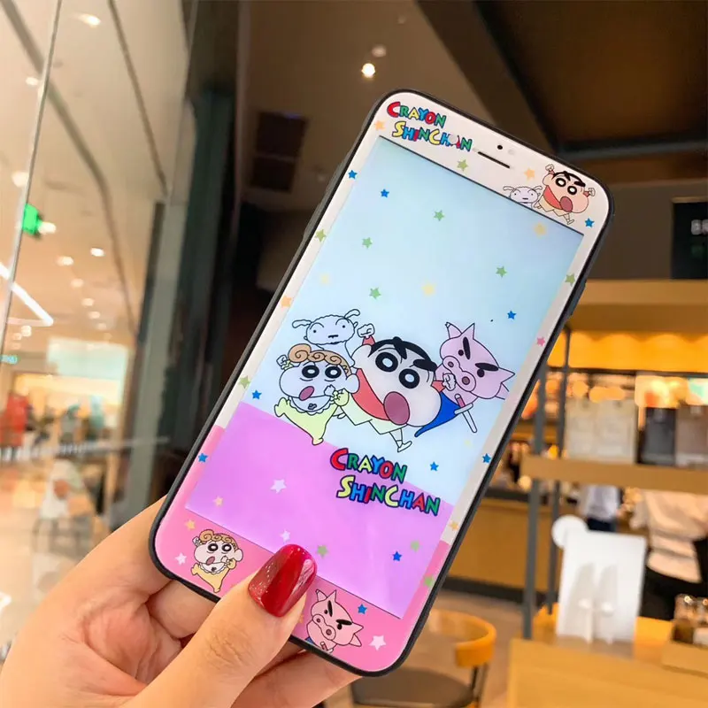 С рисунком из мультфильма Аниме Crayon Shin-chan Стекло задняя крышка для iphone X чехол& Передняя защитная крышка телефона для iphone XR 7 6 S Plus чехол fundas для iphone X