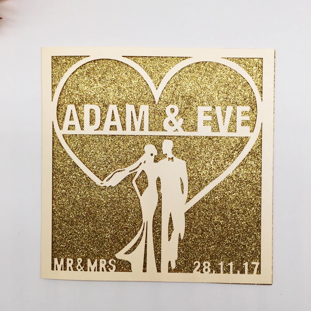 

100pcs/lot custom name Bride and bridegroom Laser Cut happy Wedding Invitation Card marriage annivery dinner Supplies