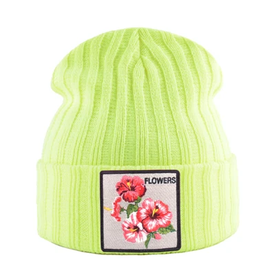 Женская шапка с цветочной нашивкой, осенне-зимние вязаные шапки Skullies, женские зимние мягкие двухслойные вязаный капот, мужские шапки Gorras - Цвет: Yellow