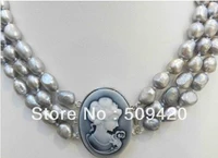 free shipping new 3 rows silver gray real akoya pearl necklace embossed queens avatar clasp