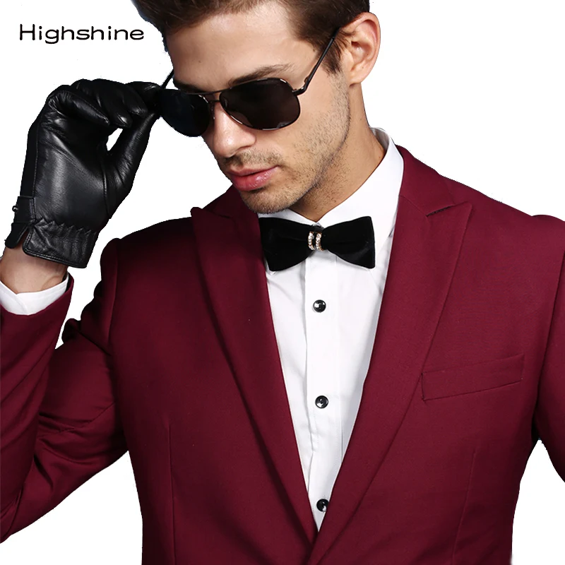 Мужские перчатки из натуральной овечьей кожи черные с ремнем для сенсорного