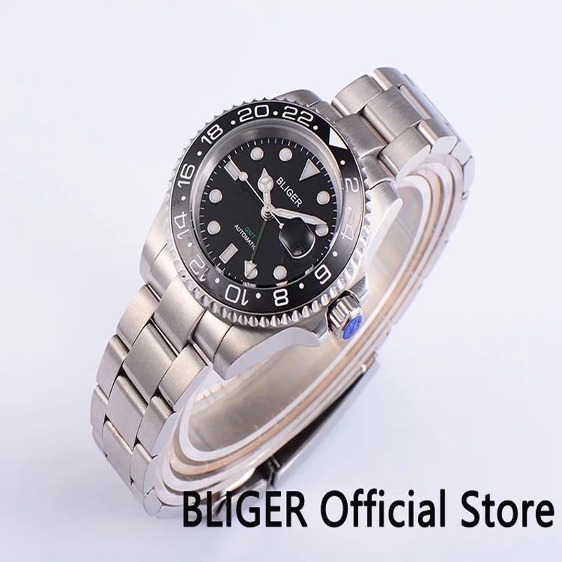 BLIGER 40 мм GMT Функция сапфир Стекло Для мужчин часы черный циферблат Керамика