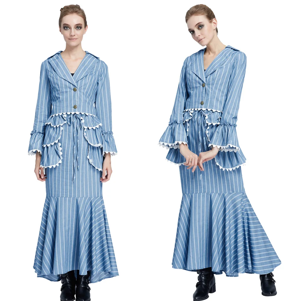 Женский полосатый Готический стимпанк Edwardian VTG Блейзер Пальто юбка платье