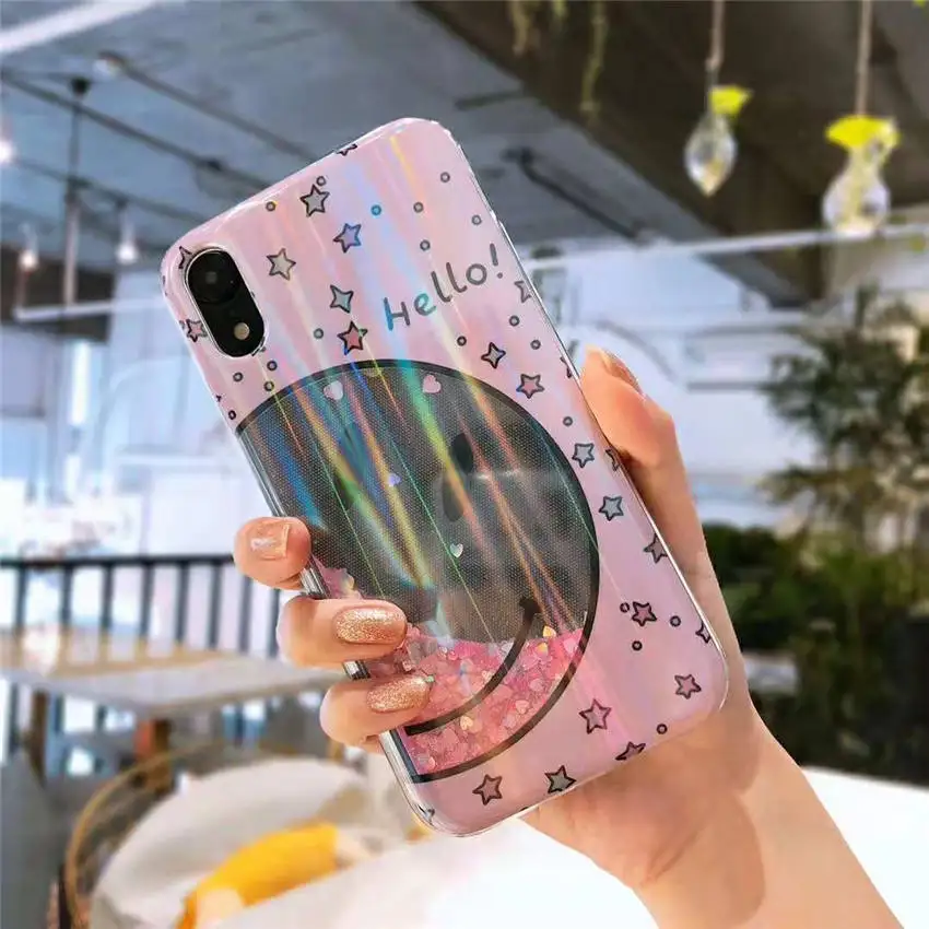 Clear Glitter Quicksand Phone Back Cover For iPhone XR XS MAS 6s 7 8 Plus Bling Dazzle Color Hello Greeting Big Smile Face Cases |