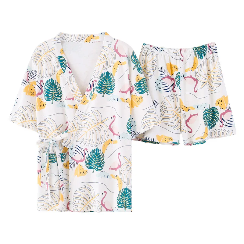 Кимоно для женщин, PyjamasSummer, хлопок, с короткими рукавами, из двух предметов, японский сексуальный пижамный комплект для девочек, открытые рубашки, домашние костюмы, одежда для сна