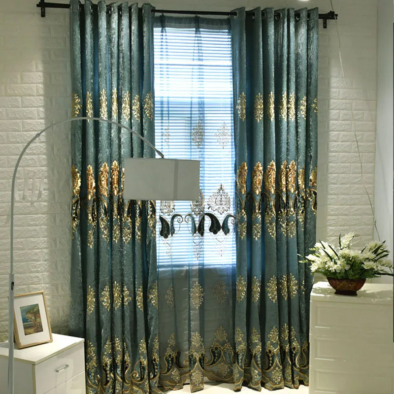 Шторы с вышивкой синие для гостиной шениль | Дом и сад