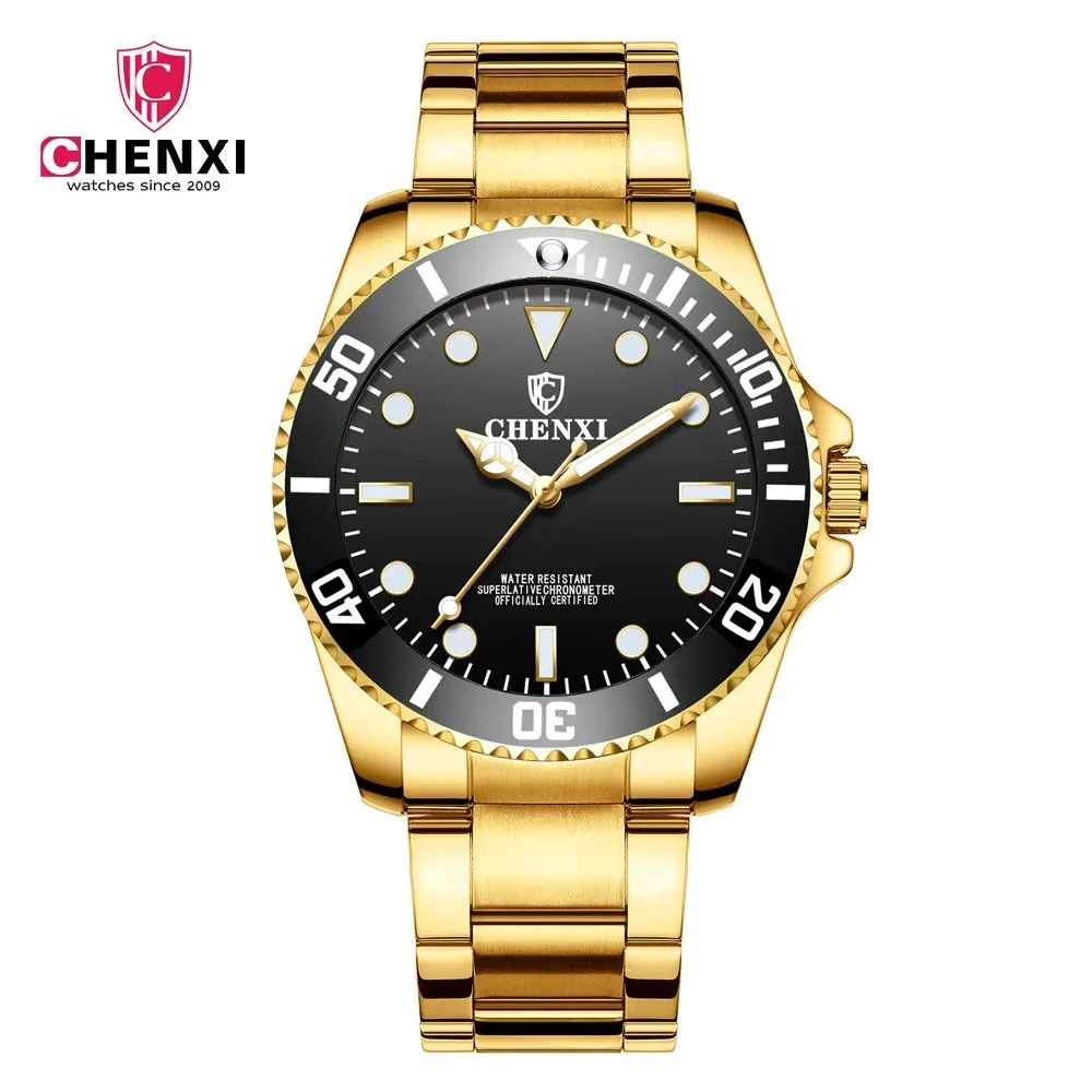 Gold Black Люксовый бренд CHENXI мужские часы из нержавеющей стали синие мужские кварцевые часы водонепроницаемые часы с календарем разноцветные Стильные повседневные деловые часы - Цвет: Gold Black