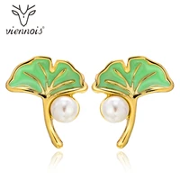 viennois fashion stud earrings for women korean pearl earrings green color leaf earrings beach summer jewelry party girls gifts