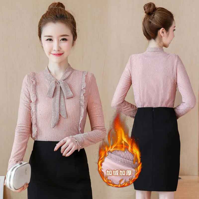 

Women Blouse Shirt Chiffon Tops Autumn Winter Lace Blouse Thin Thick Velvet Sequins Long-sleeved Blouses Bow Lace Shirt