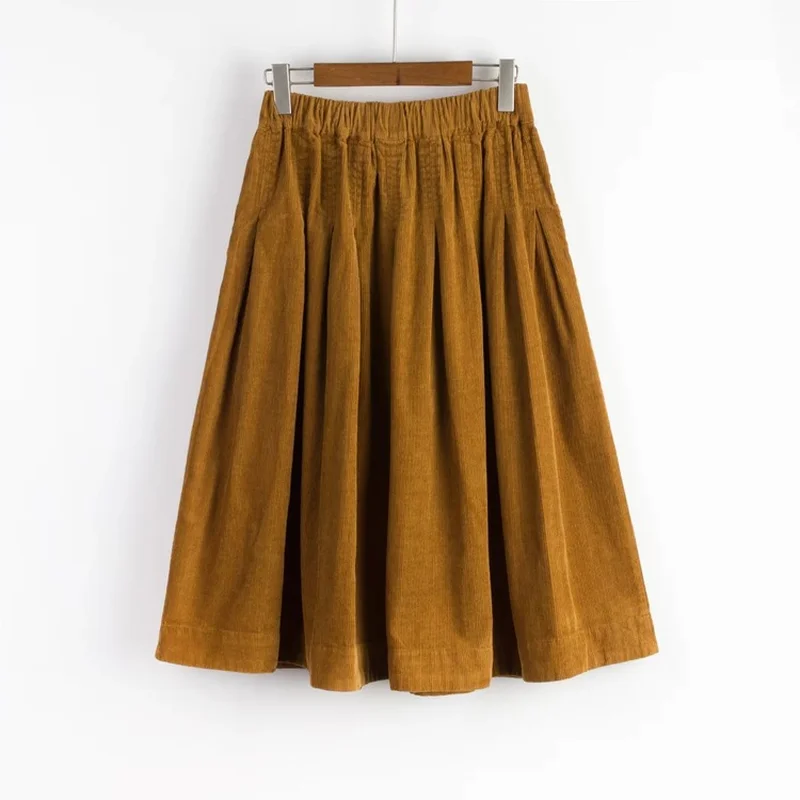 

Spring Autumn Fashion All Match Corduroy Skirts Women Casual Loose Elastic Waist Big Swing Skirt Female Solid Vintage Pleated