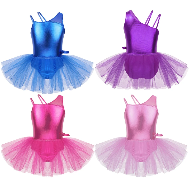 Kids Girls Glossy One Shoulder with Mesh Splice Bowknot Leotard Dress for Ballet Dance Gymnastics training Tutu | Детская одежда и