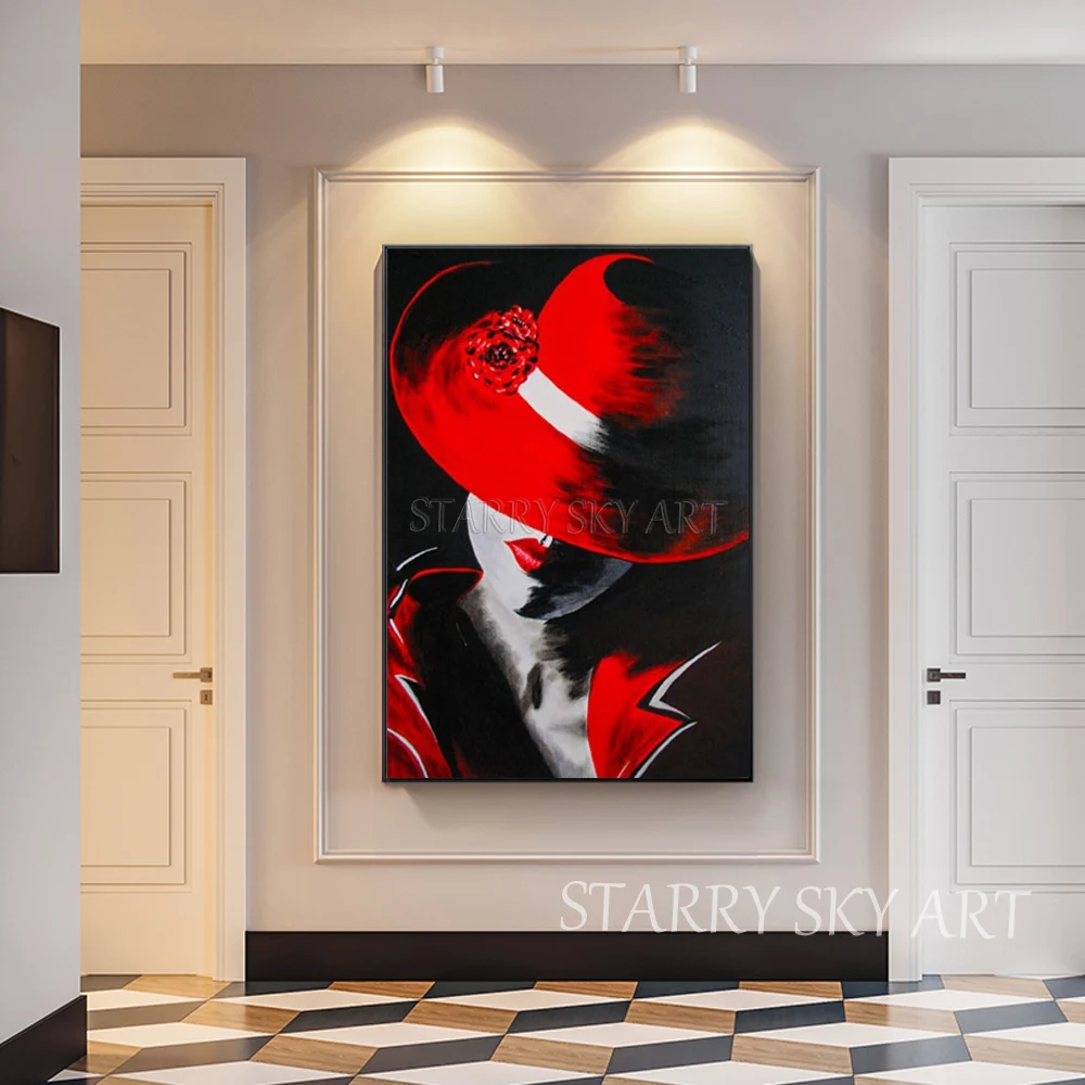 Beautiful Wall Art Fine Lady with Red Hat Oil Painting on Canvas Special Portrait for Decoration | Дом и сад