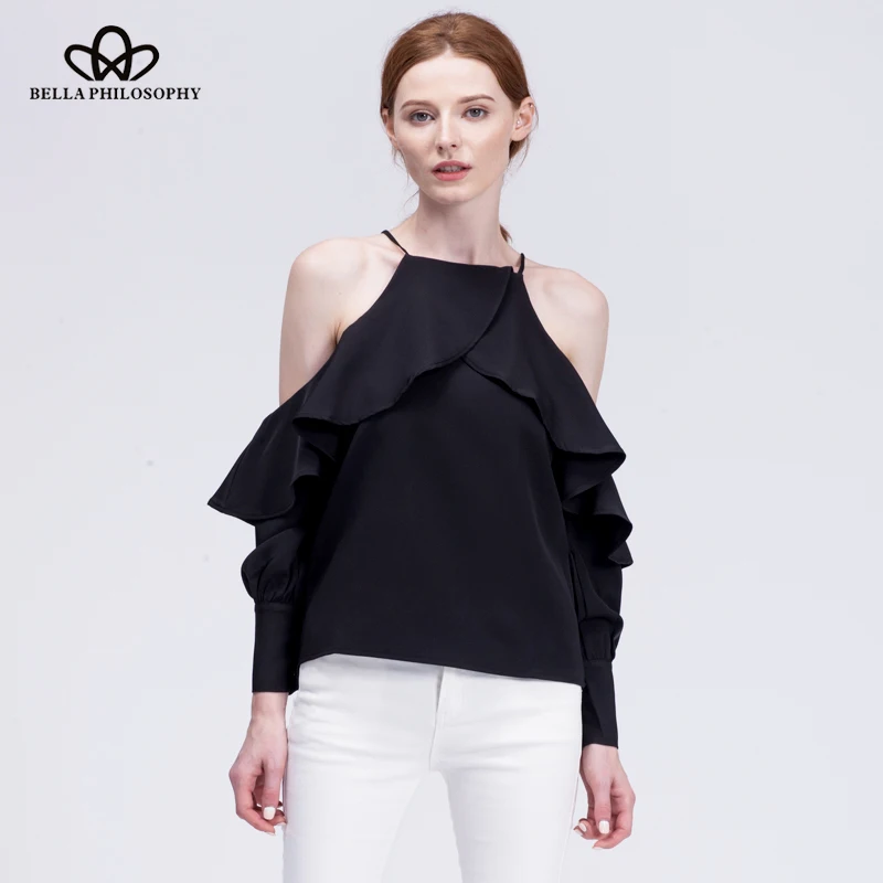 Женская шифоновая блузка с рюшами Wonder лямкой через шею и открытыми плечами на