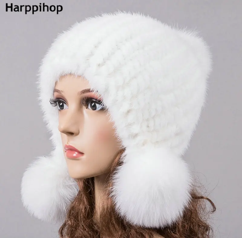 

HARPPIHOP Multi- colored Mink Hat Women's Winter Fur Warm Hat Ear Fashion Sweet Real Mink Knitted Genuine Hair