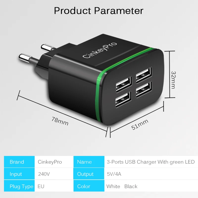 Сетевое зарядное устройство CinkeyPro с 4 USB портами 5 В/4 а|charger 5v 2a|usb charger 2ausb |