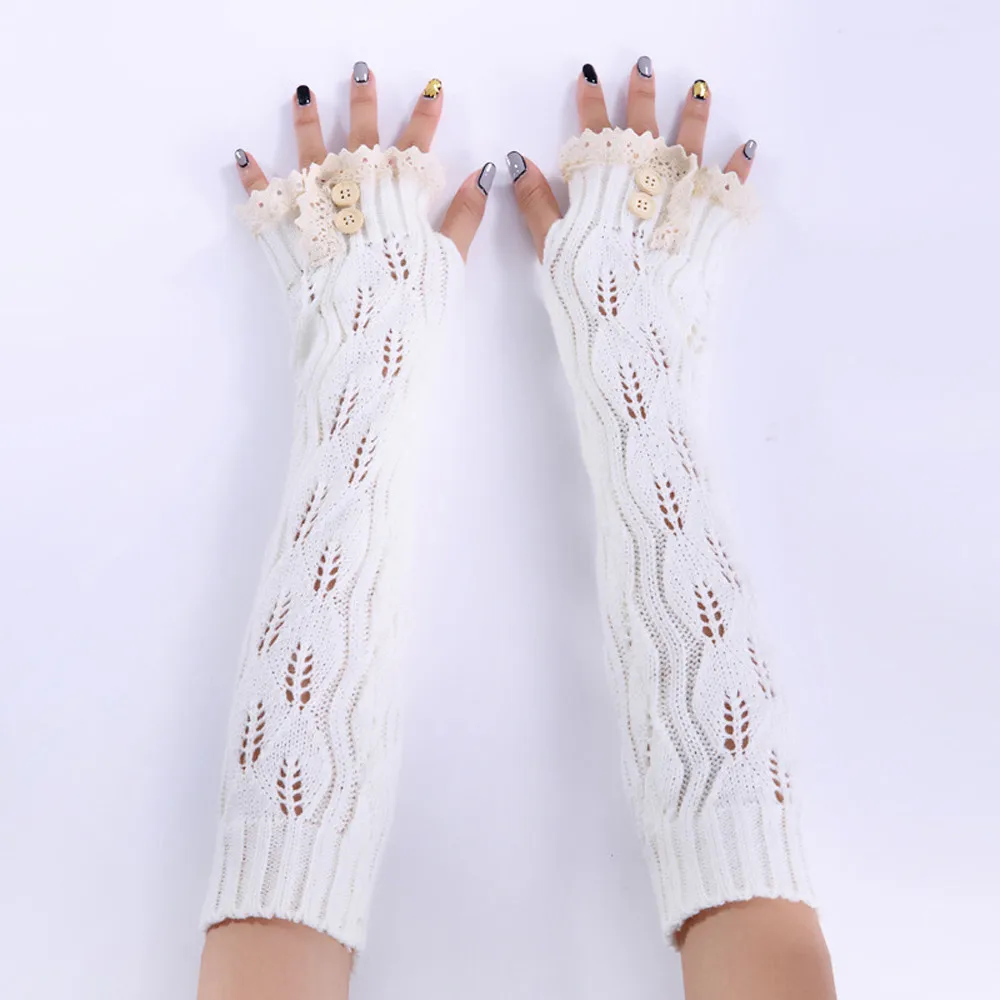 White 1 пара, модные женские зимние теплые однотонные Вязаные кружевные длинные перчатки без пальцев, варежки, высокое качество,, 18Nov - Цвет: White