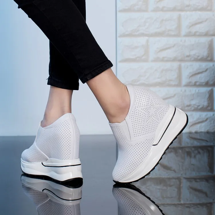 Женские кроссовки увеличивающие рост из натуральной кожи на танкетке|Женские и