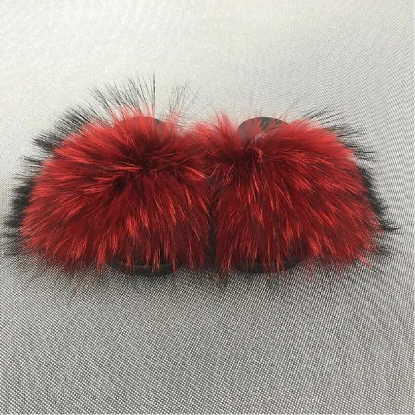 Raccoon fur Новинка; тапочки с лисьим мехом; женская повседневная обувь с натуральным мехом енота; качественные праздничные сандалии - Цвет: Raccoon fur