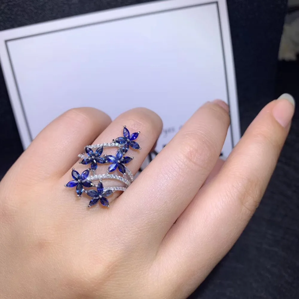 

Natural blue sapphire Ring Natural gemstone ring 925 sterling silver trendy Luxurious long Flower women party gift Jewelry