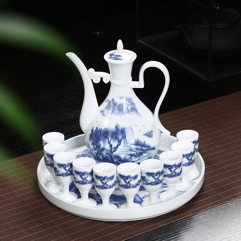 Керамический сине белый фарфоровый набор для вина Цзиндэчжэнь домашнее