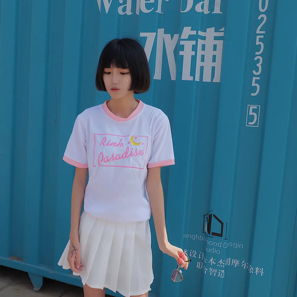 Корейские женские фиолетовые футболки Ulzzang Harajuku, японские мягкие топы с вышивкой Sister Moon, цветные футболки с коротким рукавом для девочек