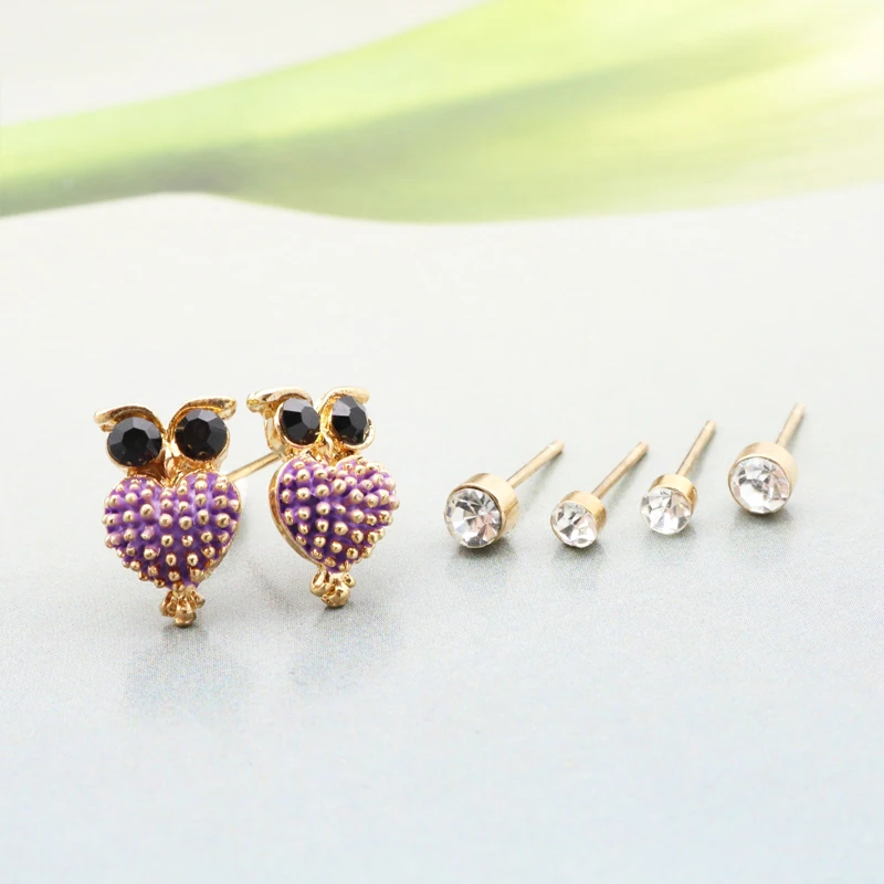 6 Colors Cute Owl Kolczyki For Women With 3 Pairs Minimalist Crystal Stud Earring Fashion Small Earrings 2018 Jewelry Femme Gift | Украшения