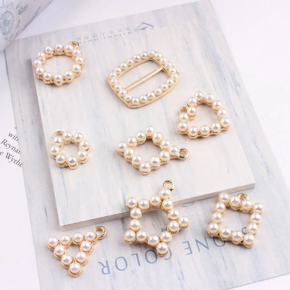 

Wholesale 50PCS/Lot Imitation Pearl Flower/Heart/Circle Hollow Alloy Jewelry Charms Gold Color Alloy DIY Bracelet Keyring Charm