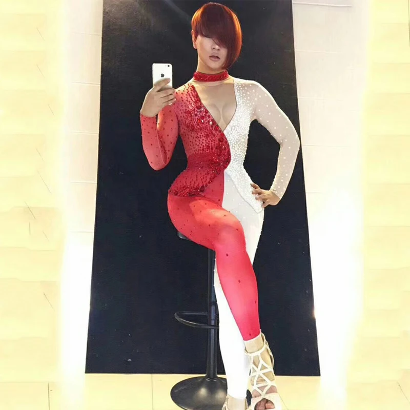 Сверкающие стразы красно-белый длинный костюм комбинезон для ночного клуба