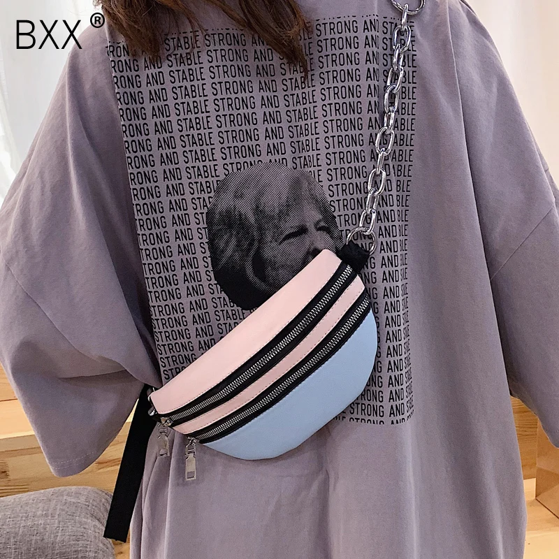 [BXX] Women's Single Shoulder Crossbody Bag All-match Flap Fashion Female Chest Package Wide Straps Chain Waist Bag HF745