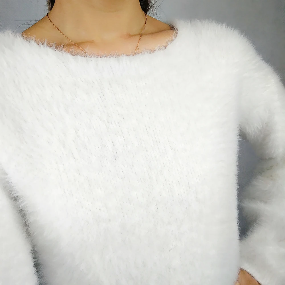 2019 Autumn and Winter Imitation Mink Cashmere Sweater Women Korean Drop-shoulder Loose Knitted Pullover Pink White Crop Tops | Женская