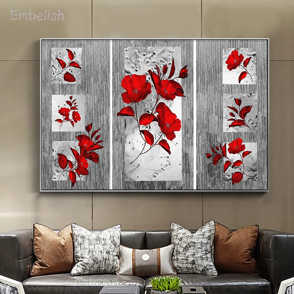 

Embelish 1 Pieces Red Roses On Gray Background Home Decor Pictures For Living Room HD Print On Canvas Paintings Wall Art Posters