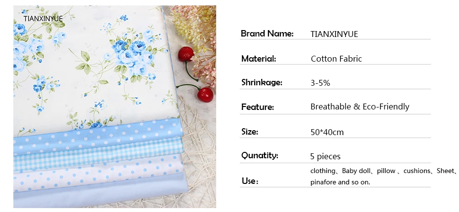 TIANXINYUE 5 шт. 40 см x 50 см синий цветок розы печатных хлопок ткань для лоскутного шитья tecido тела одежда постельные принадлежности tissus