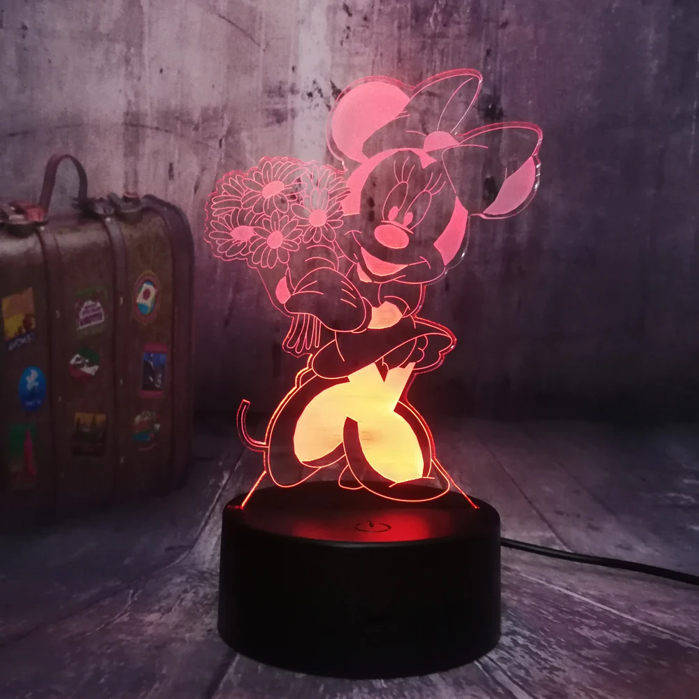 Каваи Минни фигурка мыши из мультфильма 7 Цвет 3D светодиодный ночной Светильник