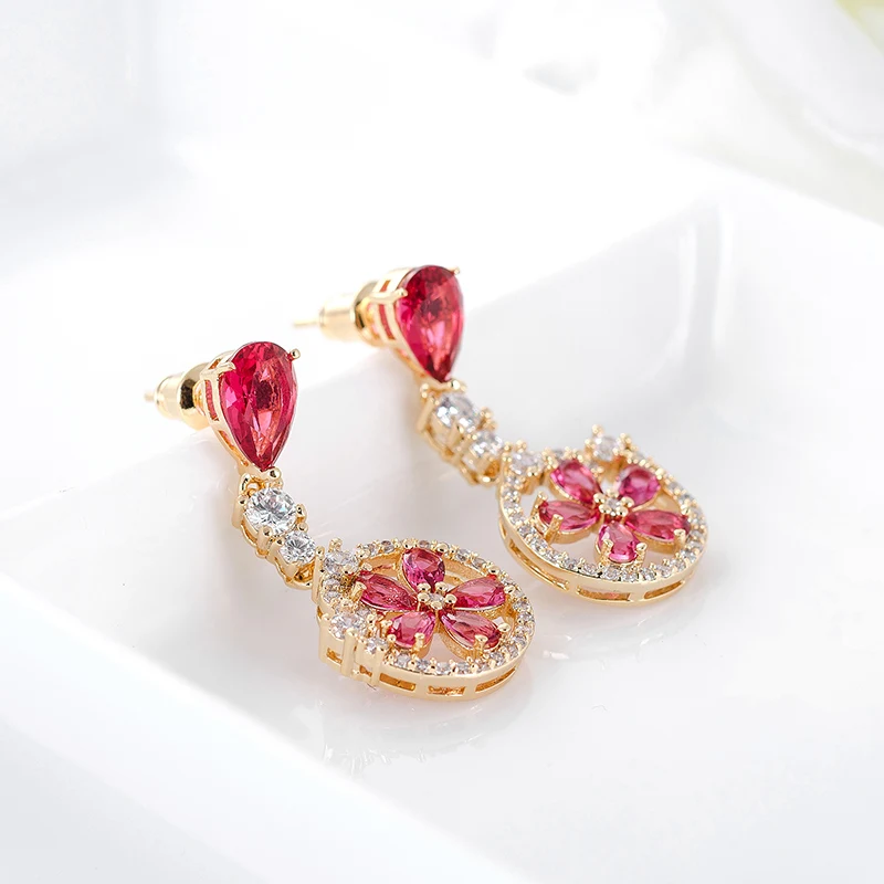LUOTEEMI Brand New Fashion Flower Red Crystal Drop Earrings Elegant Champagne Gold-Color Wedding Brinco Jewelry for Bridal | Украшения и