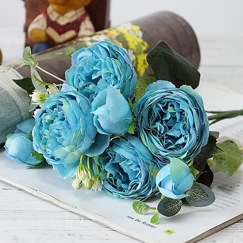 blue 5 больших головок/Букет пионов, искусственные цветы, Шелковый Букет пионов, 4 бутона, цветы для свадьбы, украшения дома, искусственные пионы, розы - Цвет: blue