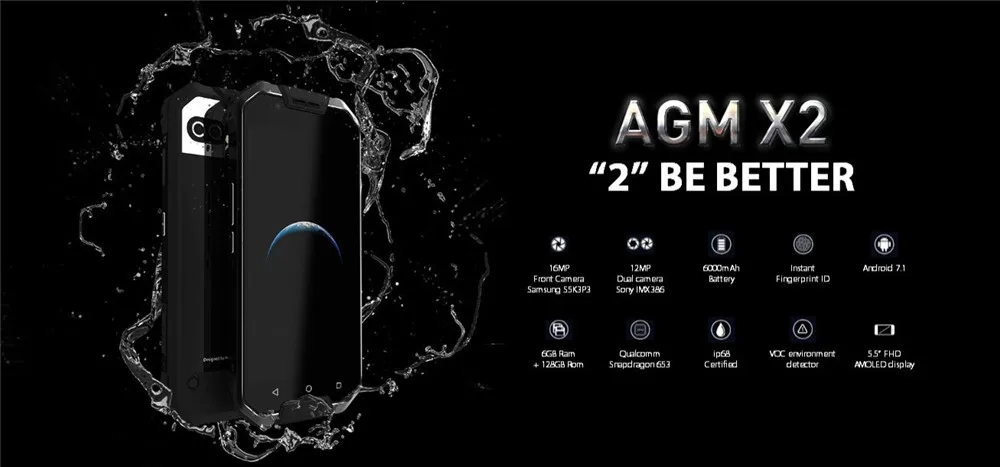AGM X2 ЕС IP68 Водонепроницаемый мобильный телефон с двумя слотами 12MP сзади Камера s+ 16MP Фронтальная камера 6 ГБ+ 128 ГБ 6000 мАч 5," FHD 4 аппарат не привязан к оператору сотовой связи с защитой от пыли